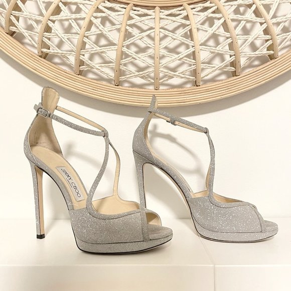 Jimmy Choo Metallic Silver Glitter Sandals - Picture 1 of 8